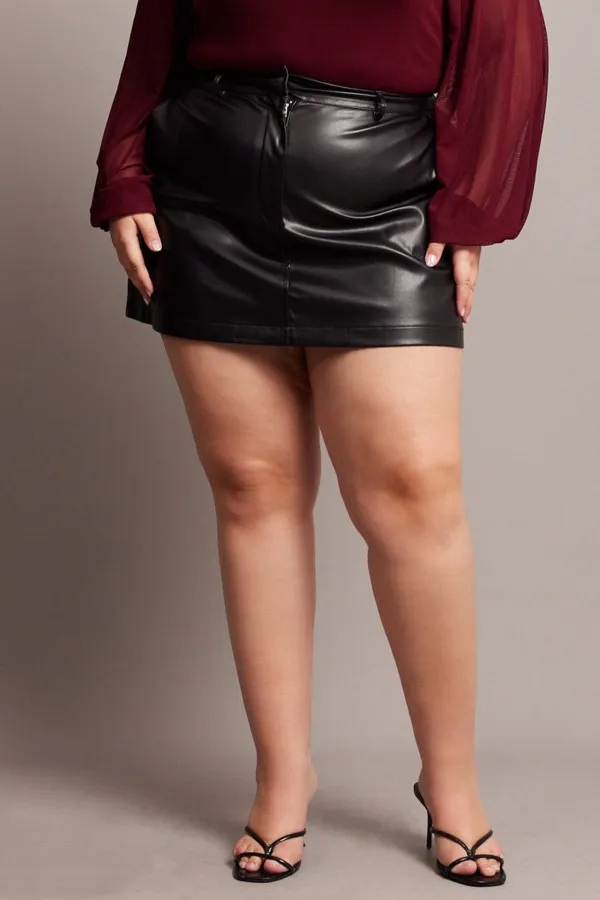 Black Faux Leather A-line Mini Skirt