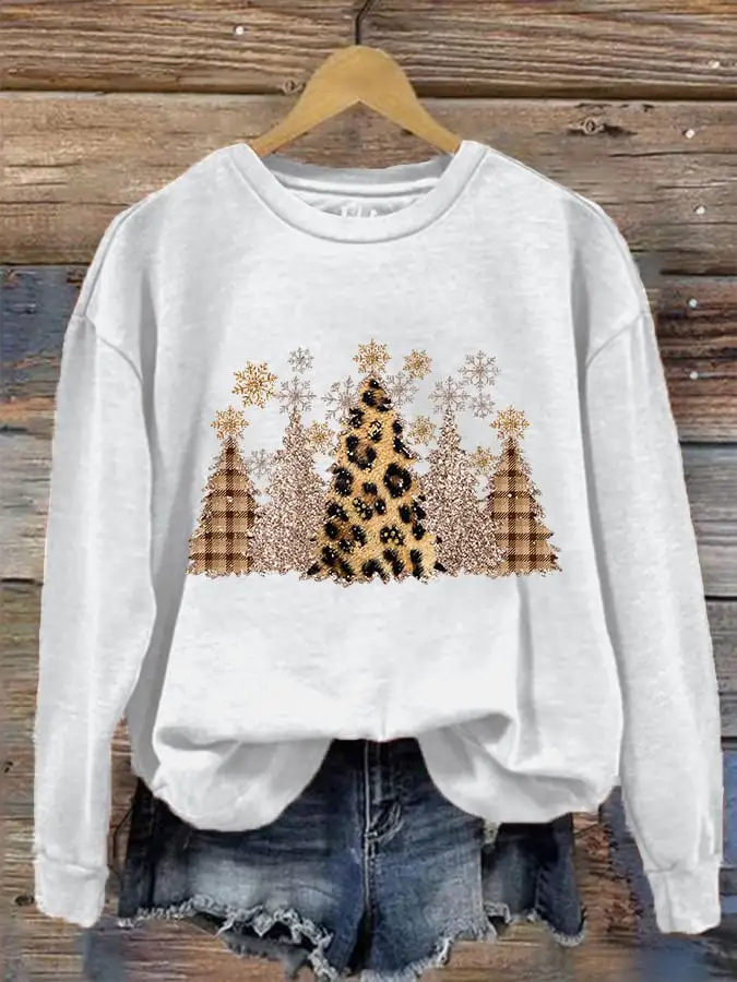 Women's Leopard Check Christmas Tree Print Crew Neck Sweatshirt