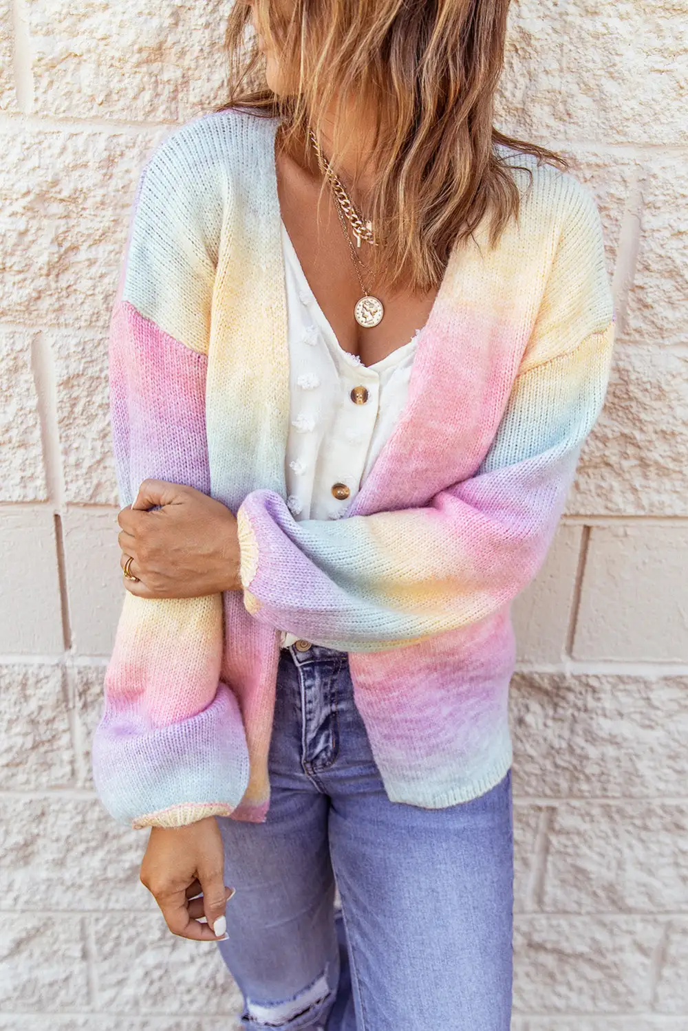 Multicolor Ombre Tie-Dye Drop Shoulder Cardigan