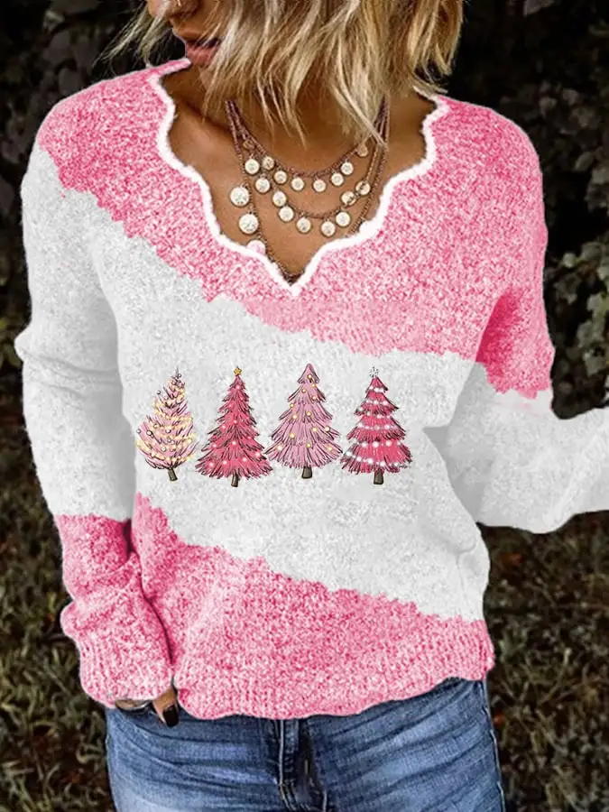 Christmas Print Lace Neck Sweater