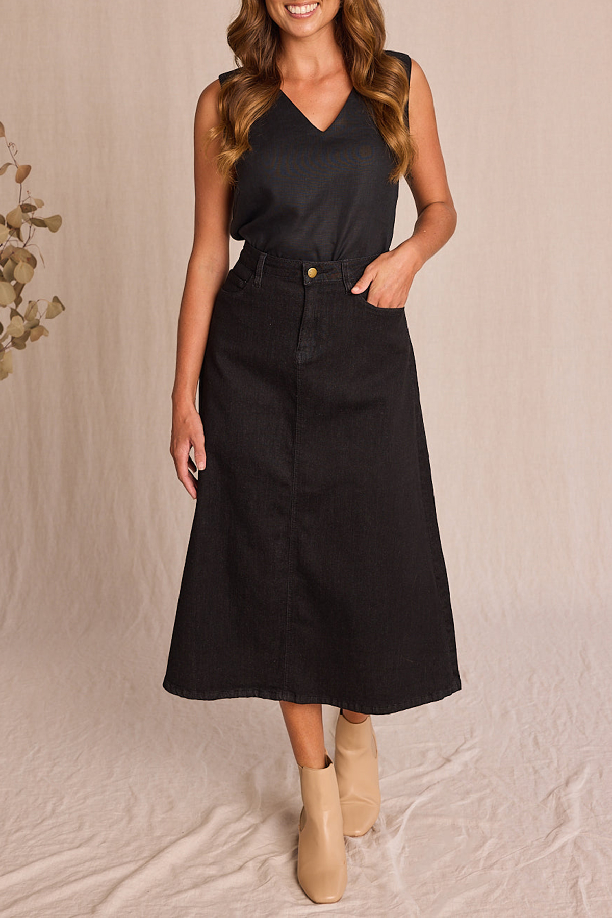 Adrift Denim A-Line Skirt in Black