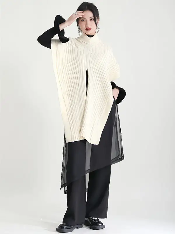 Personalized Solid Knitted Multi-Wear Method High-Neck Pullover Cape Tops