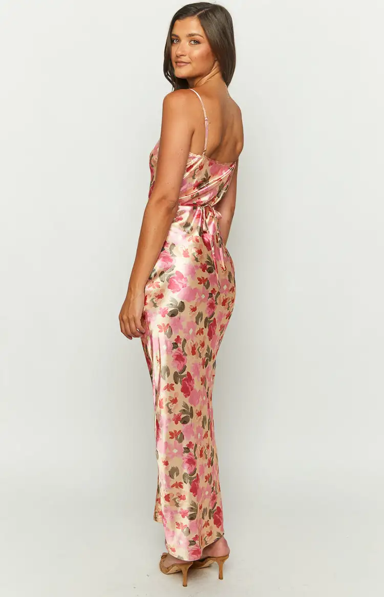 Renesmee Yellow Floral Print Satin Maxi Dress