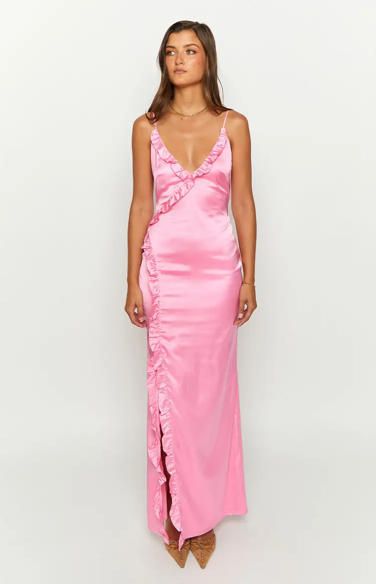 Nahanee Pink Satin Ruffle Maxi Dress