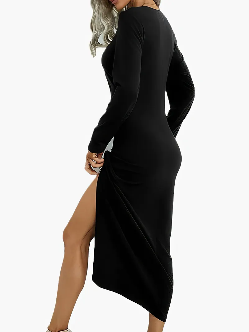 Solid Round Neck Slim Long Sleeve Split Dress