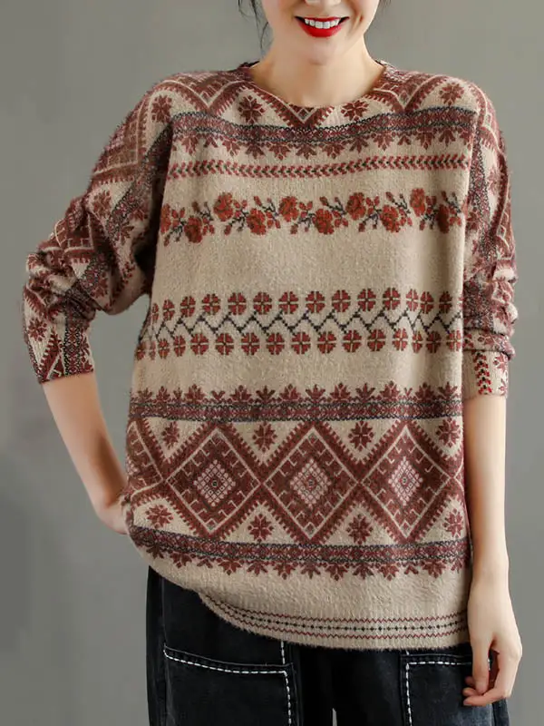 Vintage National Printed Red Striped Round-Neck Long Sleeves Knitted Sweater