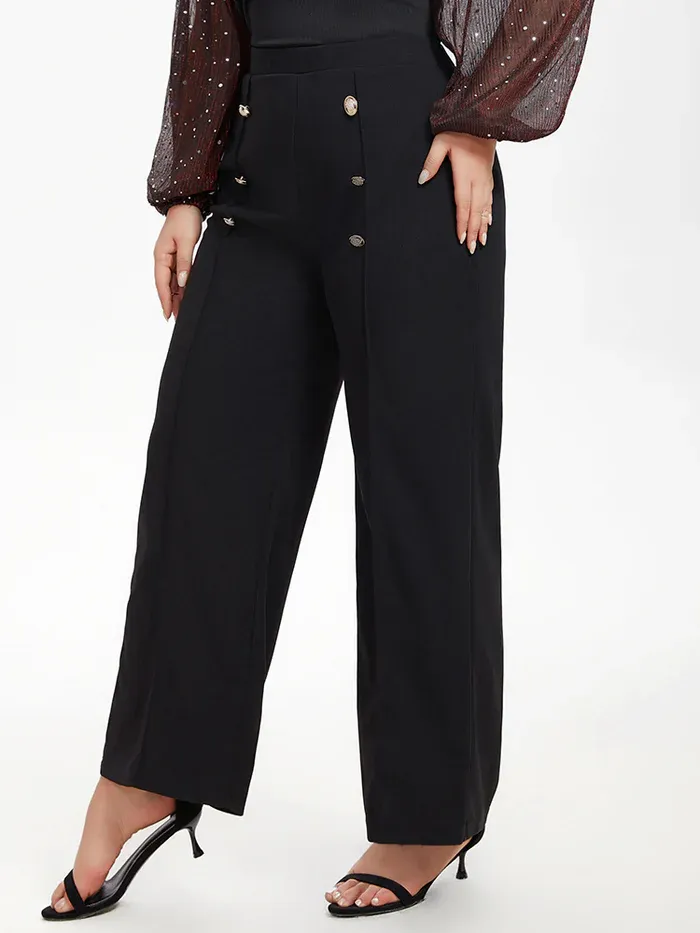 Button Detail Wide Leg Pants