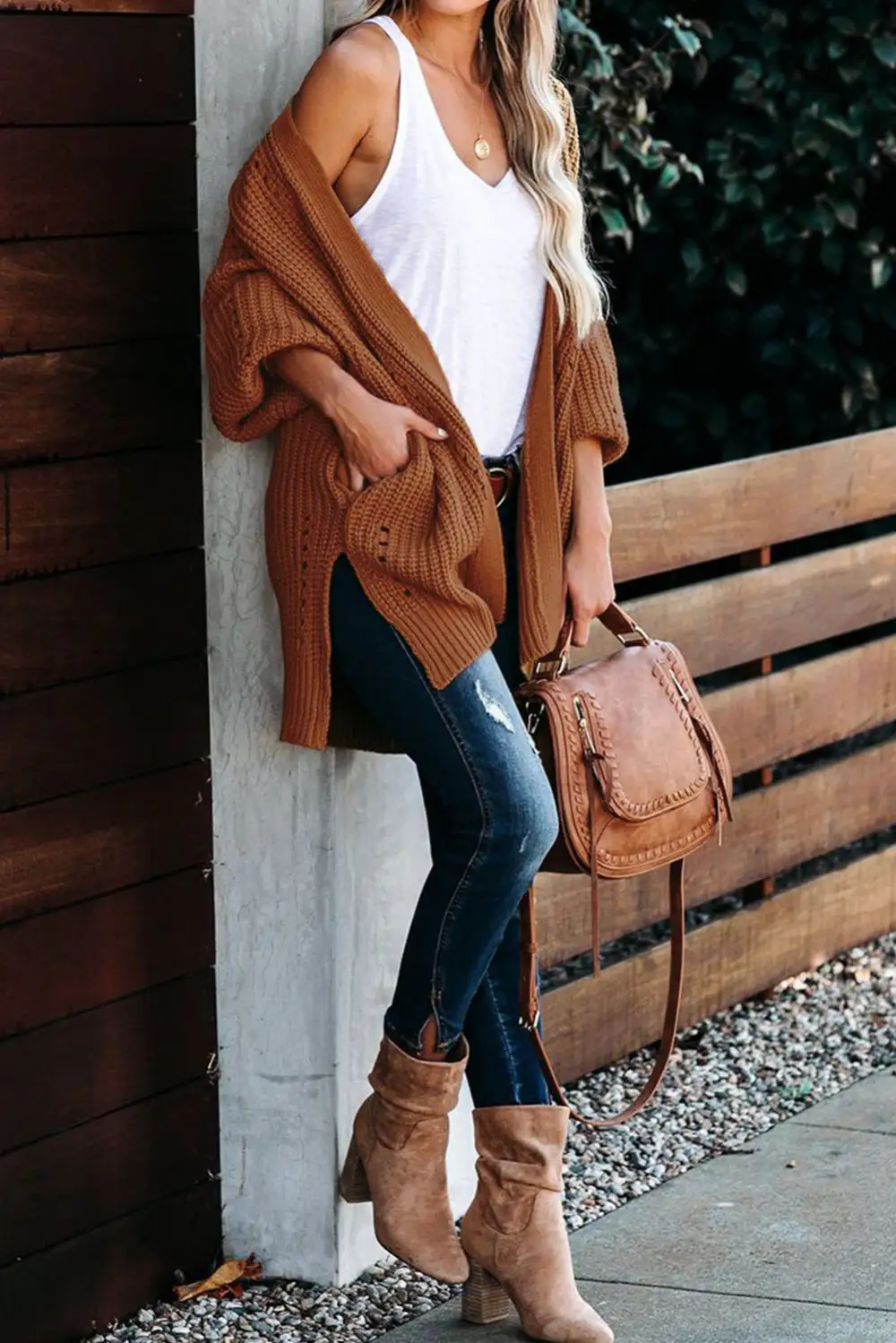 Drop Sleeve Cable Knit Cardigan With Slits