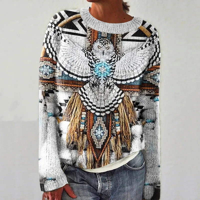 Women's Vintage Eagle Tassels Gradient Casual Sweater