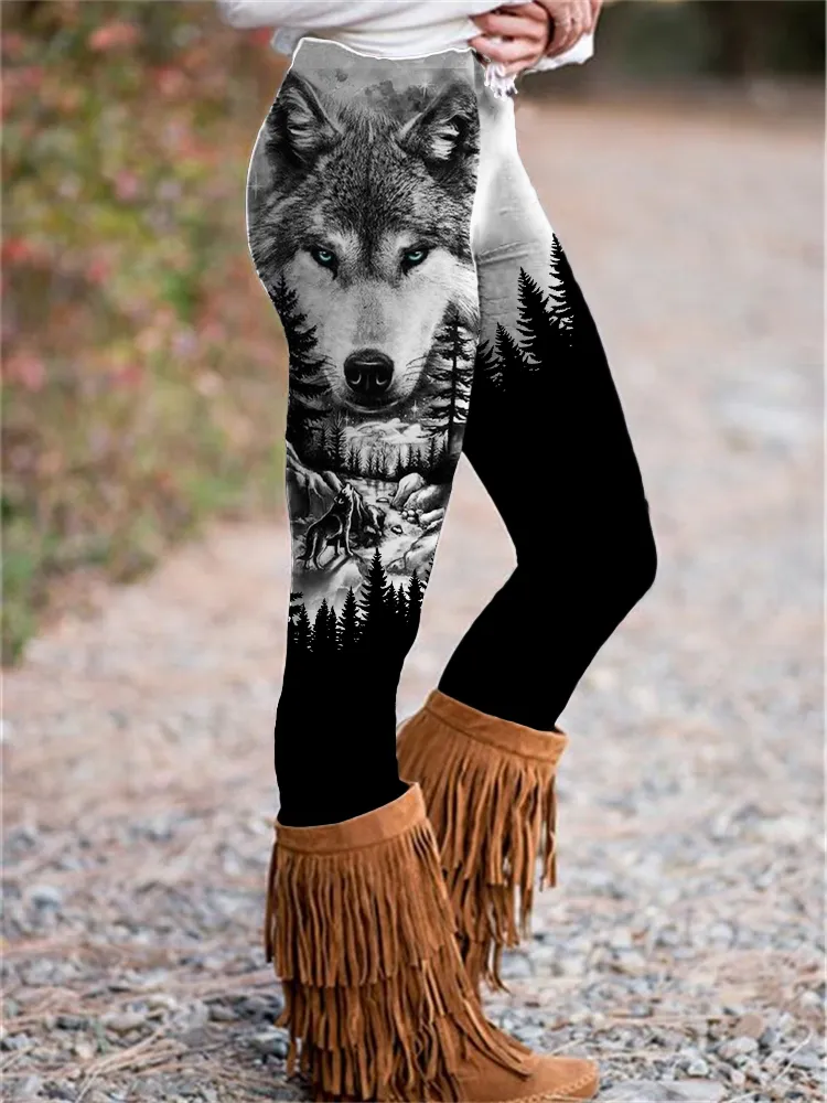 Wild Wolf Dark Forest Contrast Stretch Leggings