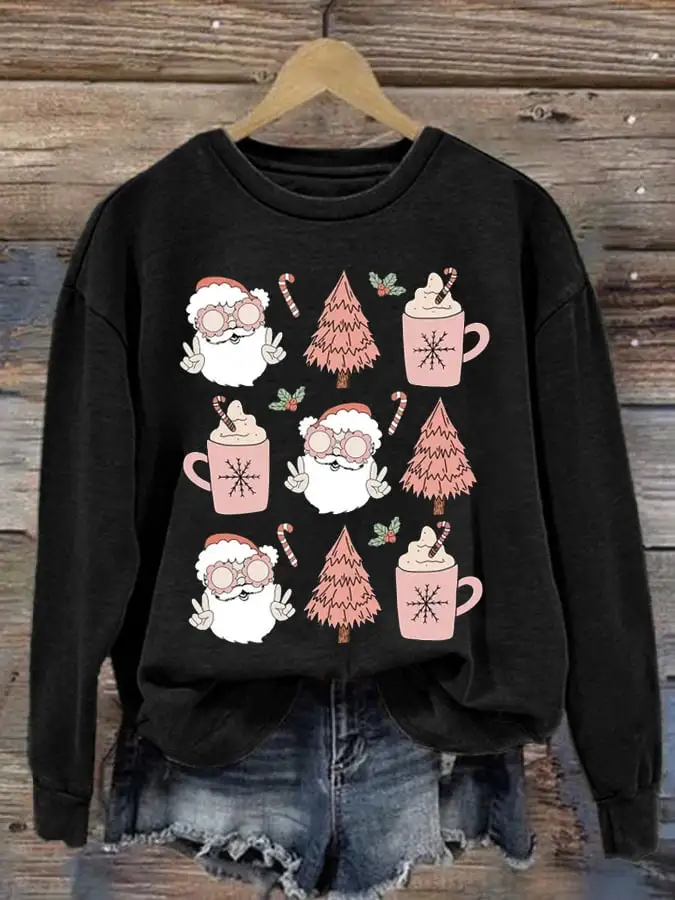 Women's Vintage Santa Print Long Sleeve Sweatshirt