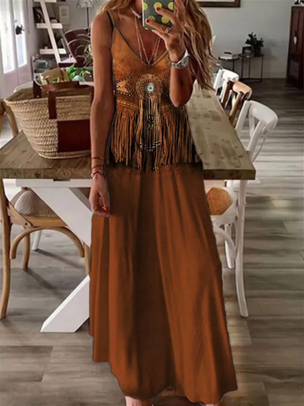 Western Turquoise Leather Art Cami Maxi Dress