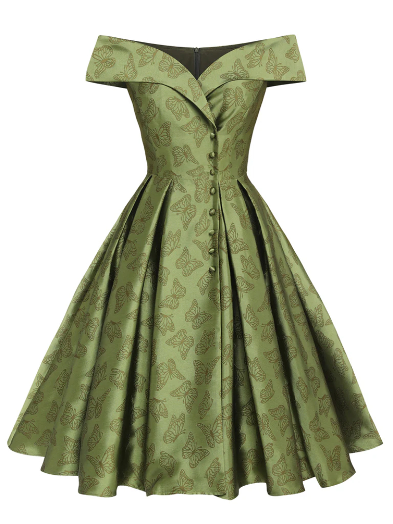 GREEN 1950S OFF-SHOULDER VINTAGE DRESS