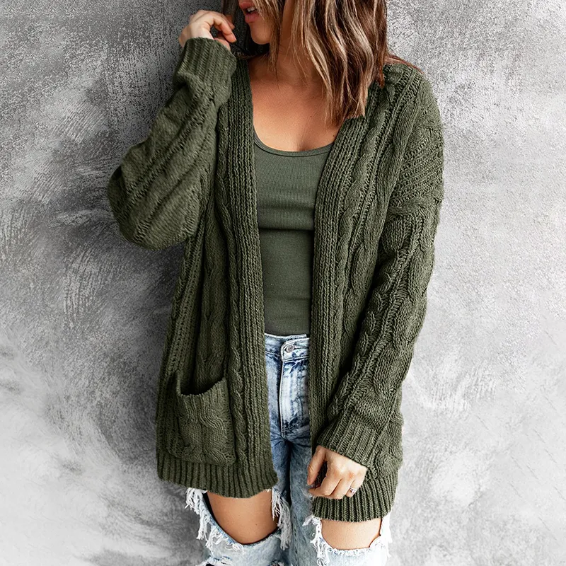 Pocket Mid Length Twist Knit Cardigan