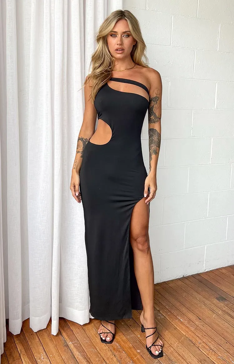 Natalia Black One Shoulder Midi Dress