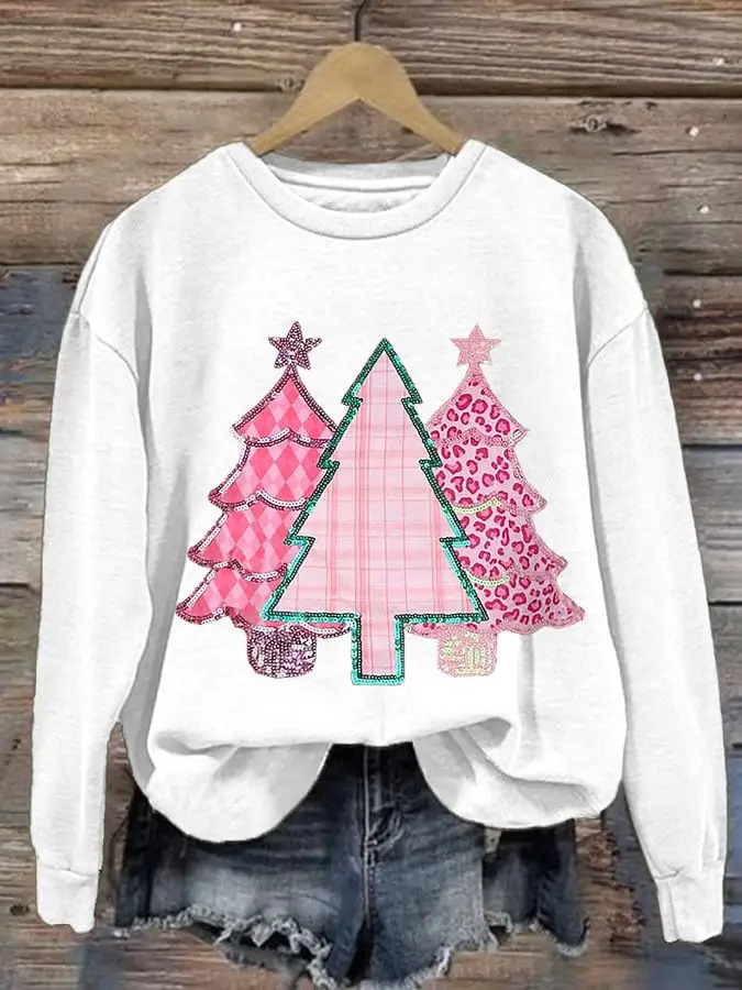 Women's Christmas Tree Print Round Neck Sweatshirt