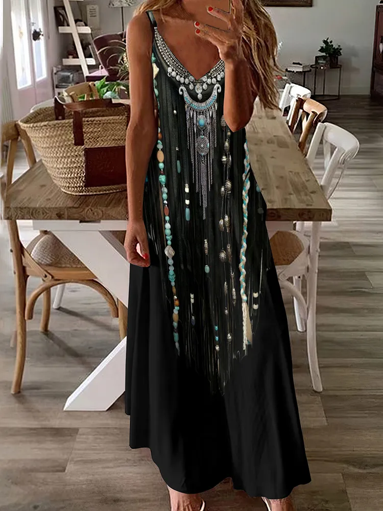 Western Tribal Tassel Bead Print V Neck Maxi Dress