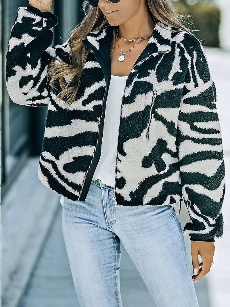 Casual zebra print sherpa jacket