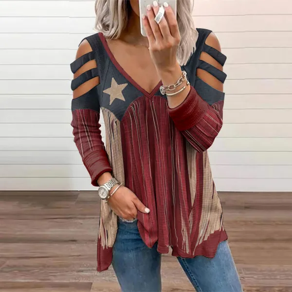 Women's Tribal Star Tassels Printed Hollow Out Casual T-Shirt