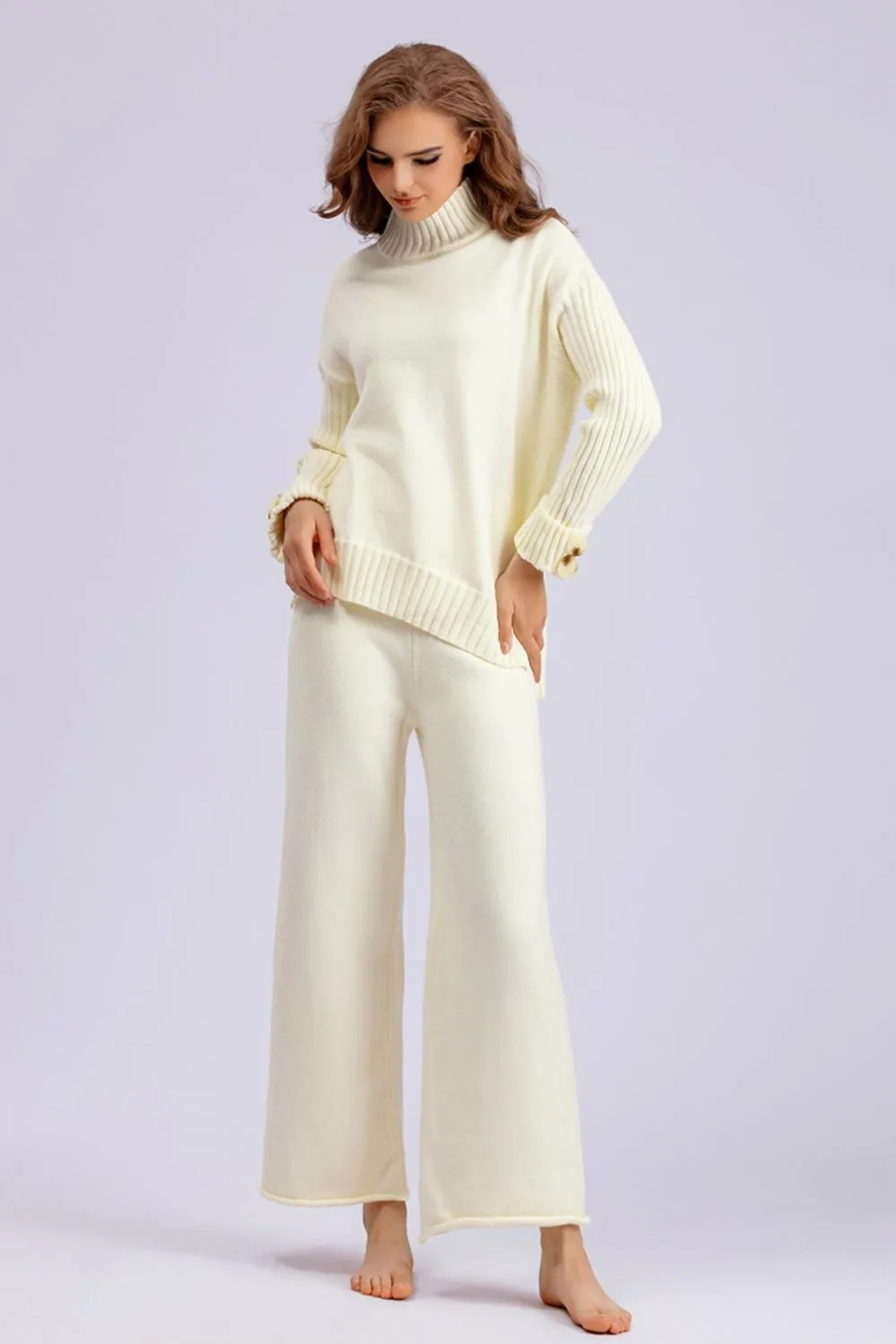 Basic Bae High- Low Turtleneck Long Sleeve Top and Pants Sweater Set