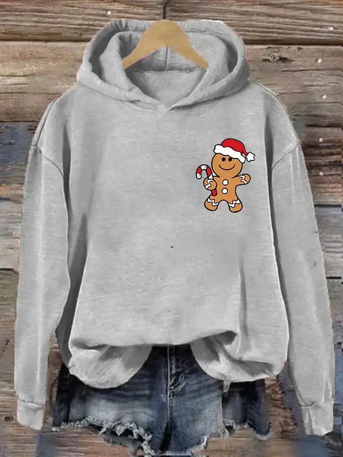 Women's Christmas Gingerbread Man Print Casual Hooded