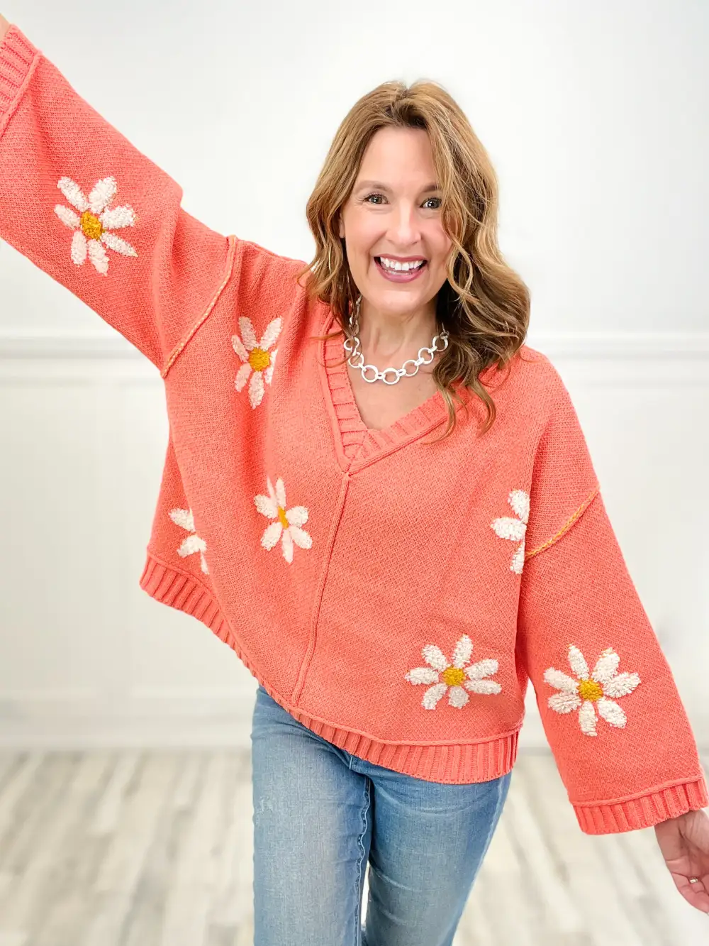 Life Is A Flower V-Neck Floral Pattern Chenille Pullover Sweater Top