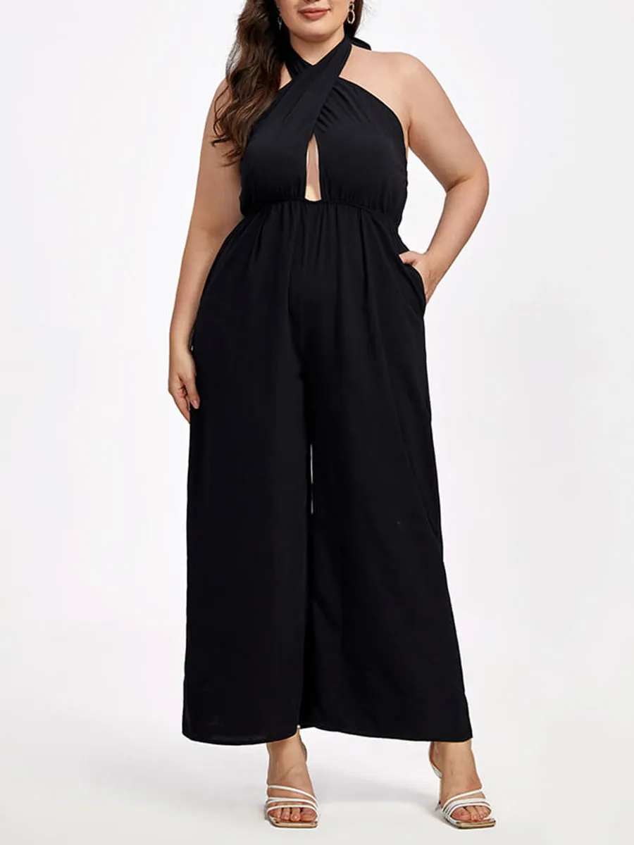 Plus Black Halter Crisscross Pocket Elastic Waist Wide Leg Jumpsuit