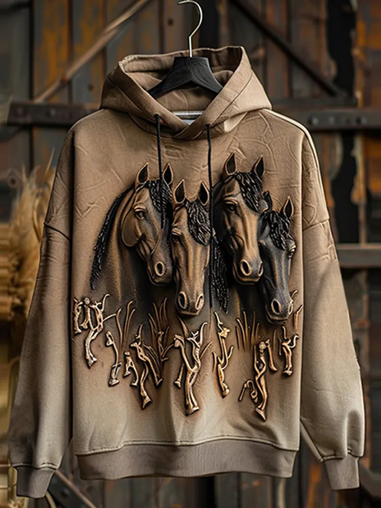 Vintage Western Horse Print Long Sleeve Hoodie