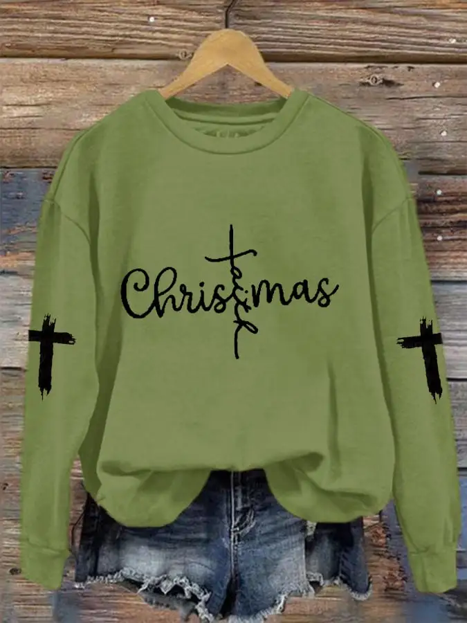 Women's Christmas Faith CRoss Print Crew Neck Sweatshirt