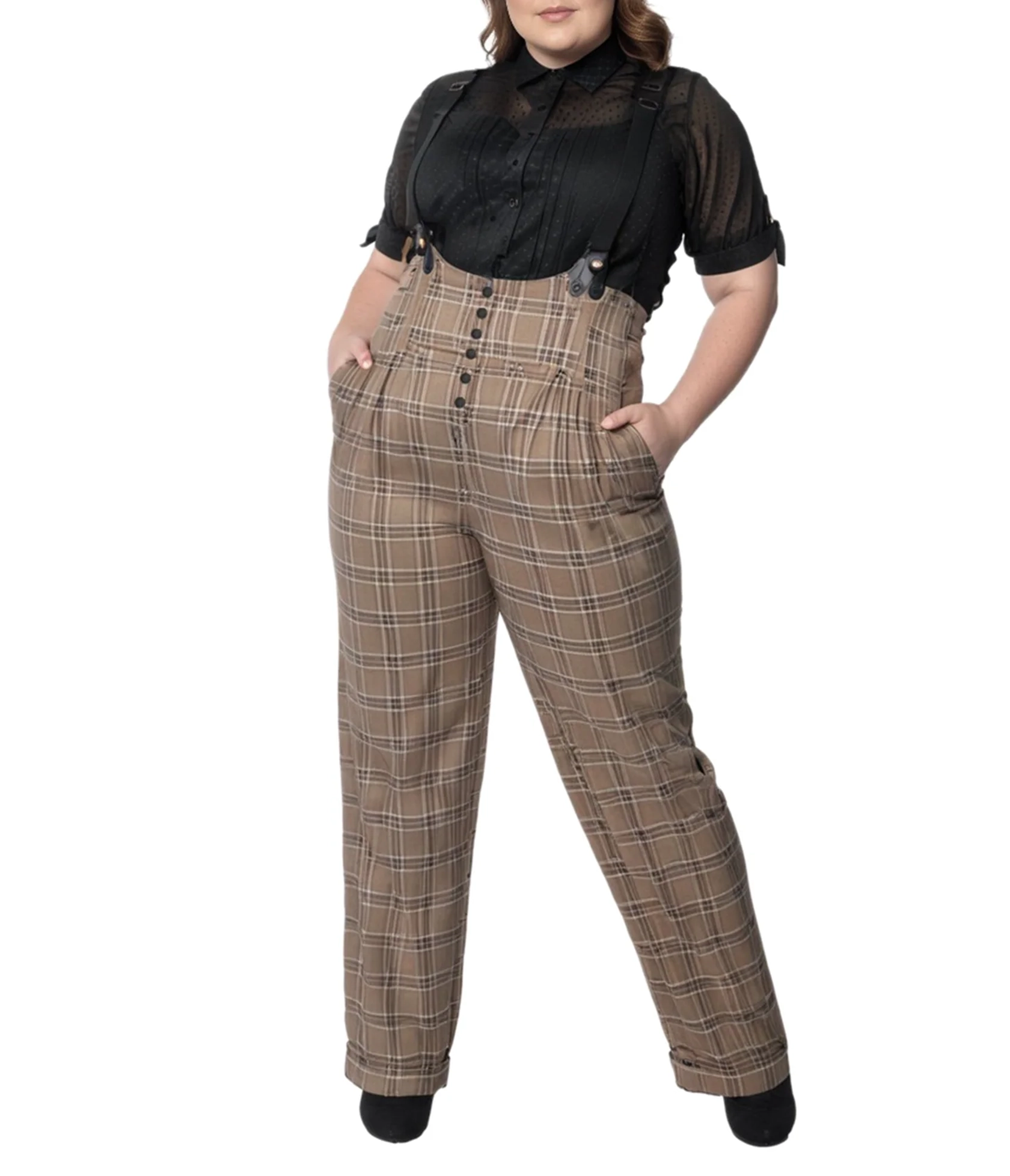 Unique Vintage Plus Size 1930s Dark Beige Windowpane Thelma Suspender Pants