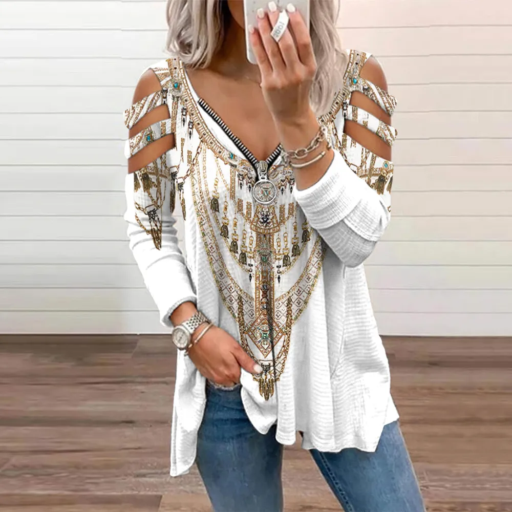 Women's Tribal Printed Hollow Out Zipper Casual T-Shirt