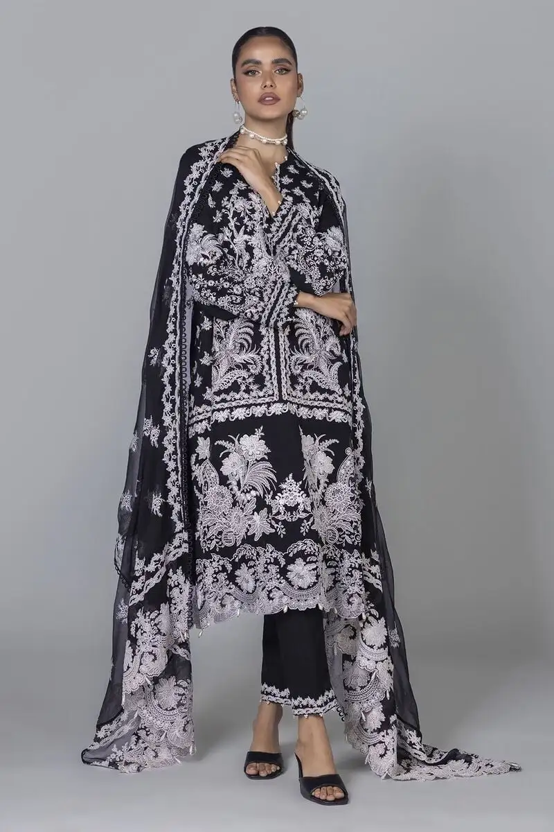 3 Piece Kurta Embroidered | Dupatta& Bottom & Tops | Color Black