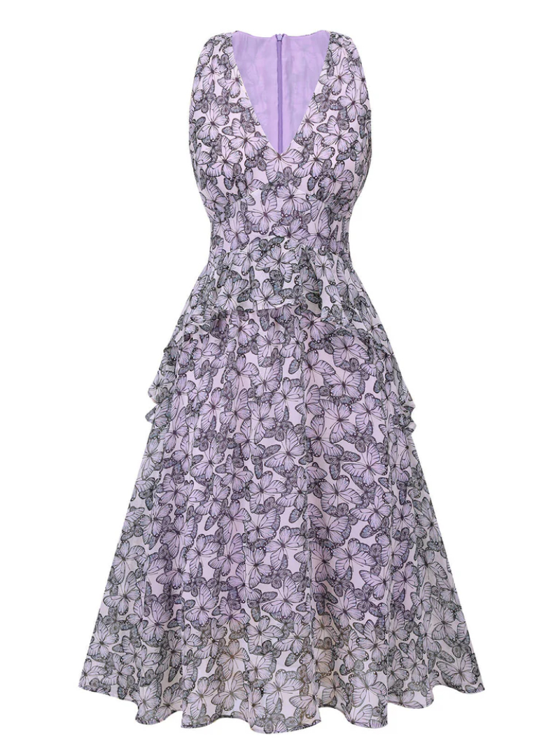 PURPLE 1930S BUTTERFLY V-NECK SLEEVELESS DRESS