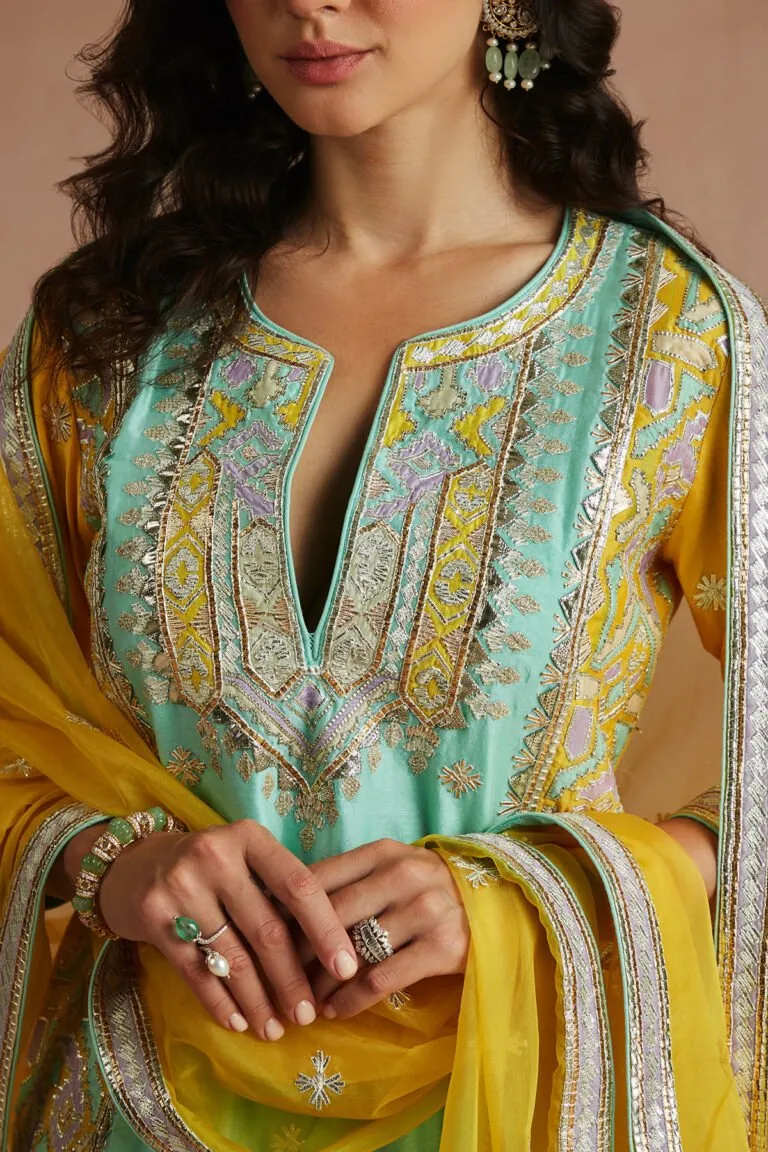 Dark Sea Green & Yellow Color Block Gharara Set