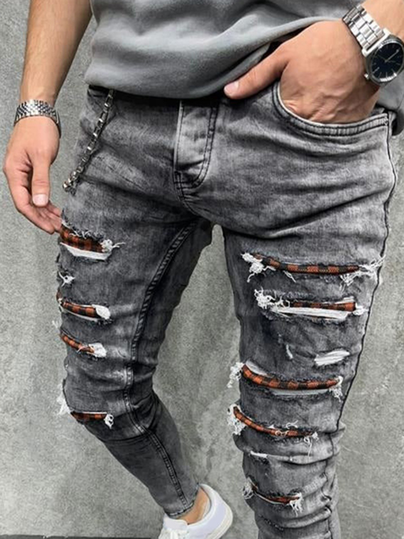 Checkered Chain Tight Perforated Jeans