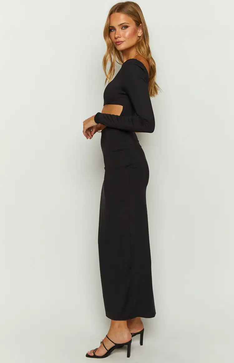 Maxine Black One Shoulder Midi Dress