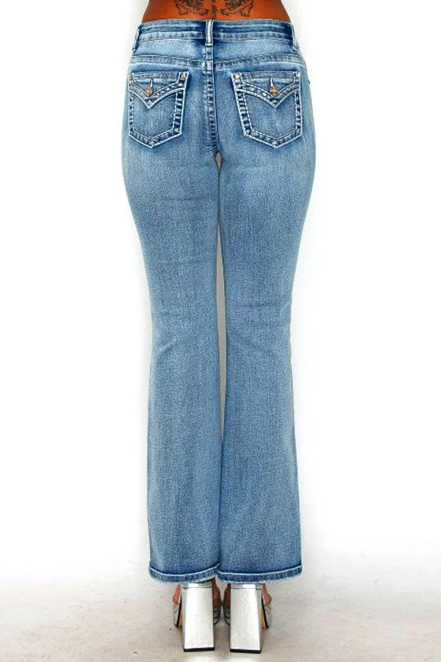 WAXJEAN Y2K Rhinestone Back Pocket Bootcut Jean With Heavy Stitches & Great Stretch