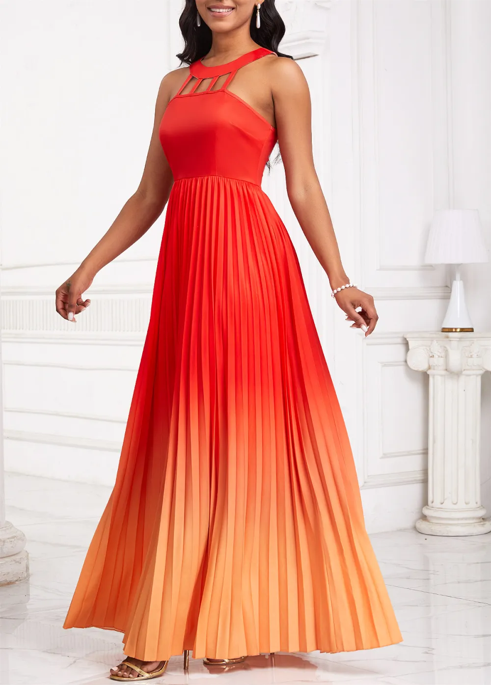 Ombre Cage Neck Orange Sleeveless Maxi Dress