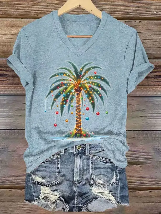 Women's Christmas Palm Tree Print T-Shirt