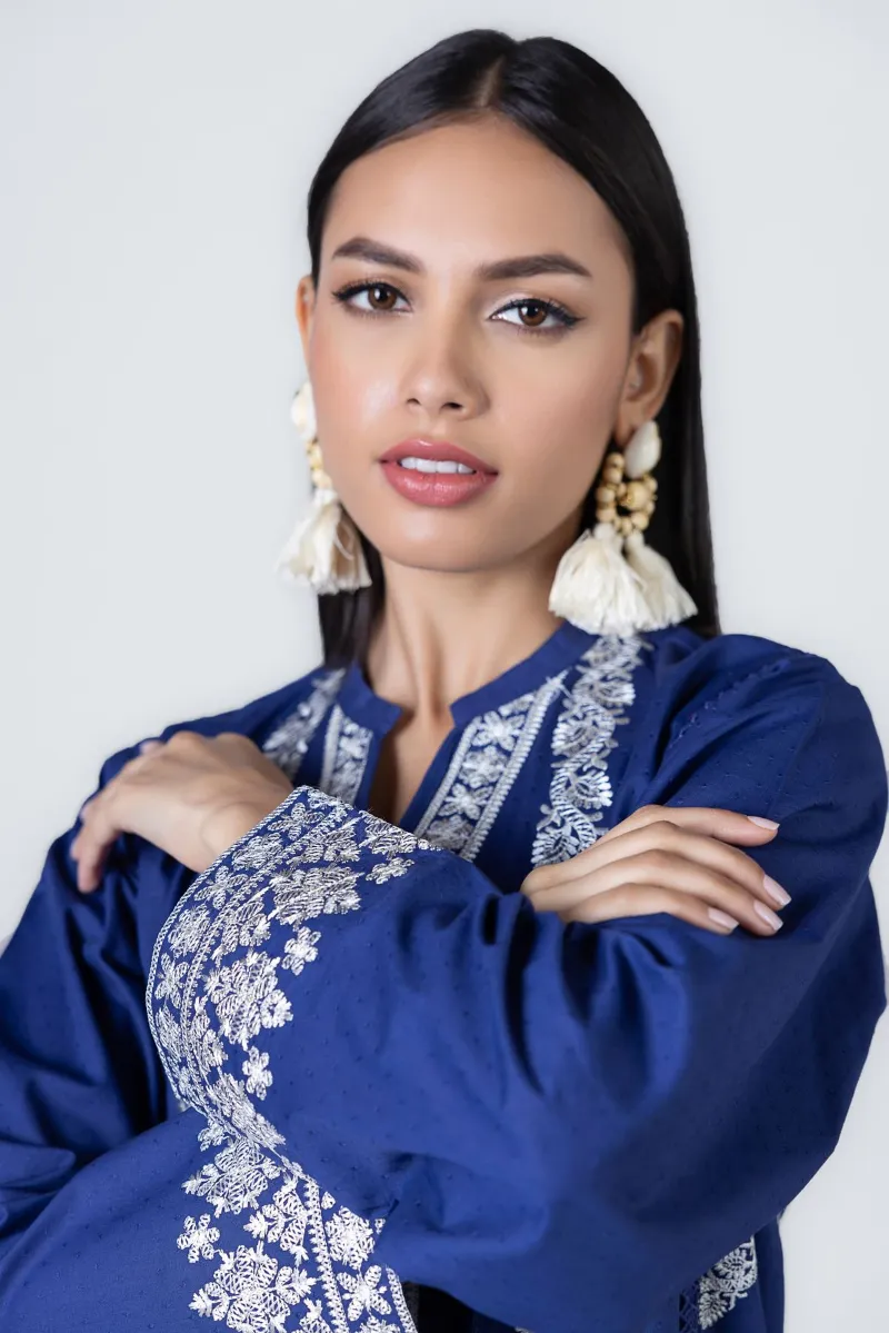 2 Piece Kurta | Embroidered & Pants Dark Blue