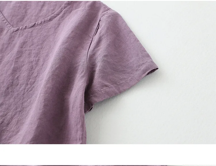 Simple cotton linen V-neck T-shirt