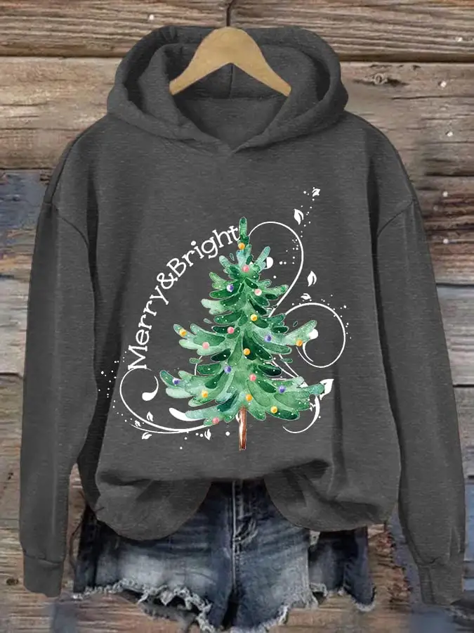 Women's Merry And Bright Christmas Tree Casual Hoodie