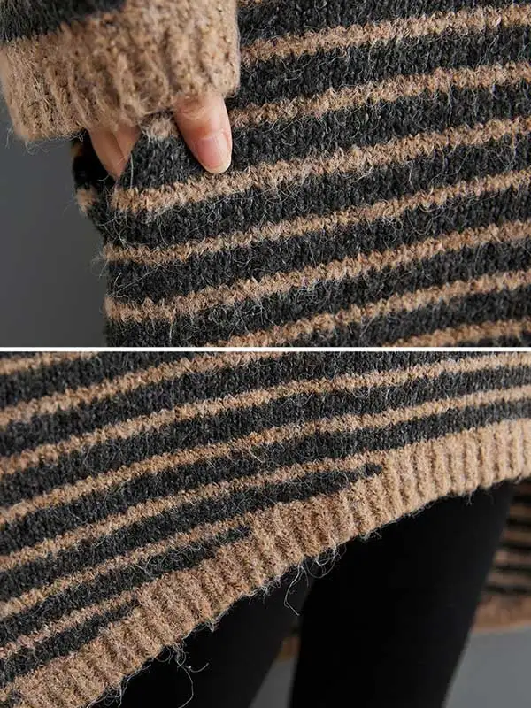 Loose Striped High-Low Heaps Collar Long Sleeves Knitwear