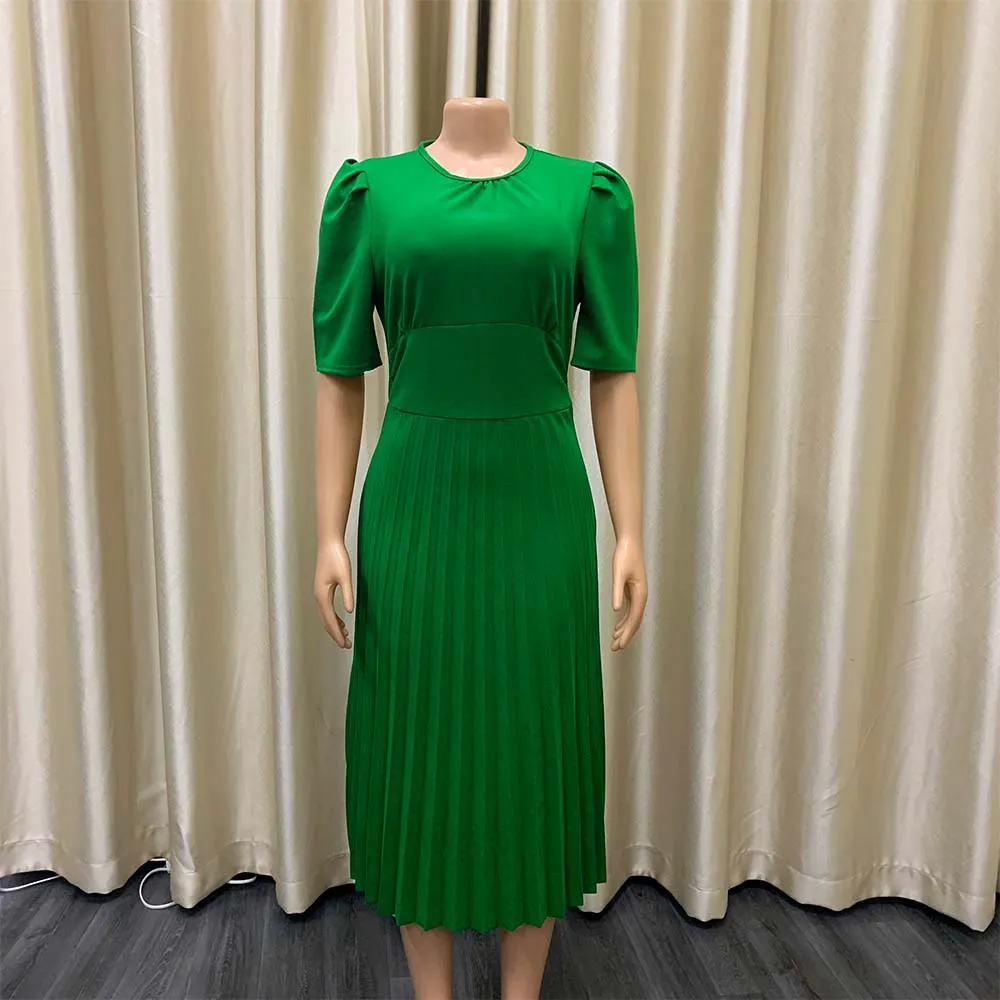 Women Summer Green Elegant O-Neck Short Sleeves Solid Midi Pleated Plus Size Office Dress