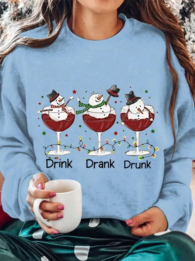 Women's Funny Christmas Drink Drank Drunk Snowman Red Wine Glass Casual Sweatshirt