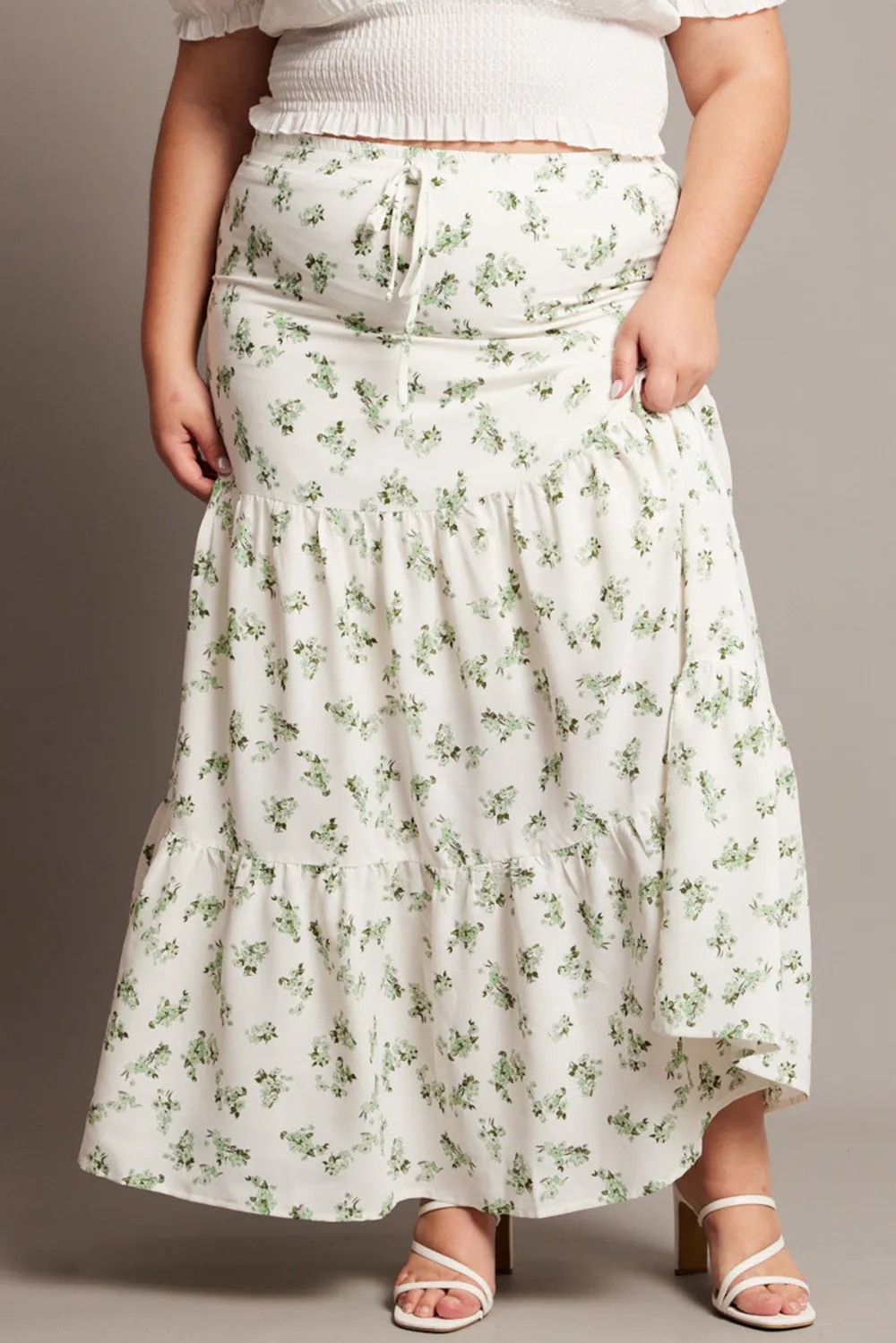 Green Ditsy Elastic Waist Maxi Skirt