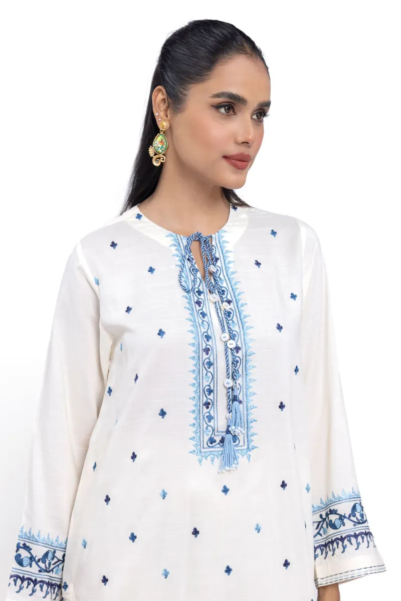 2 Piece Kurta | Embroidered & Pants | White and blue