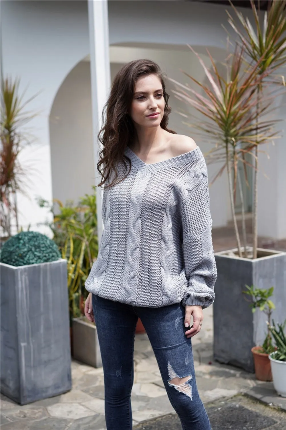 Plain Cable Knit Loose Sweater