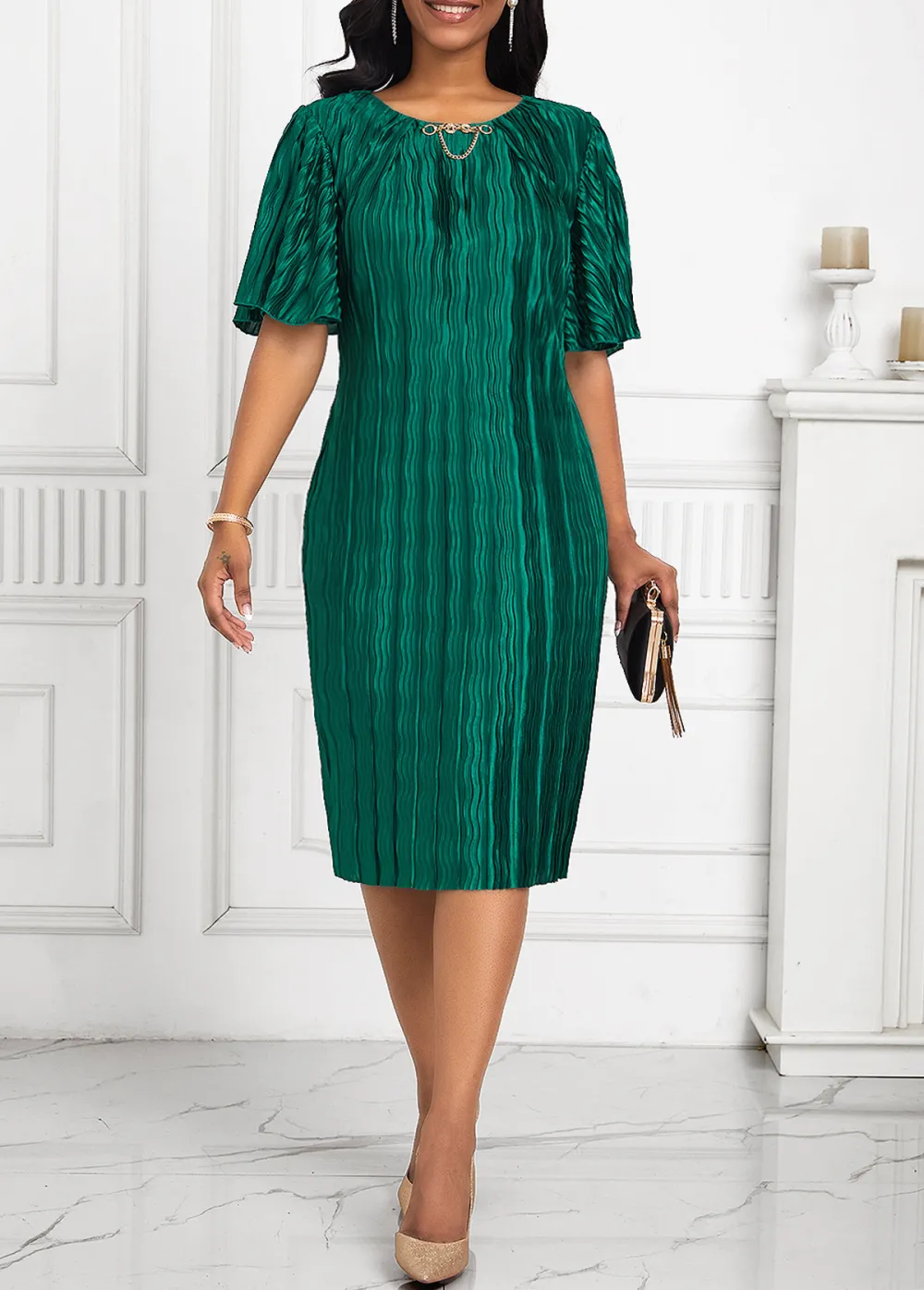 Pleated Round Neck Short Sleeve Green Bodycon Dress