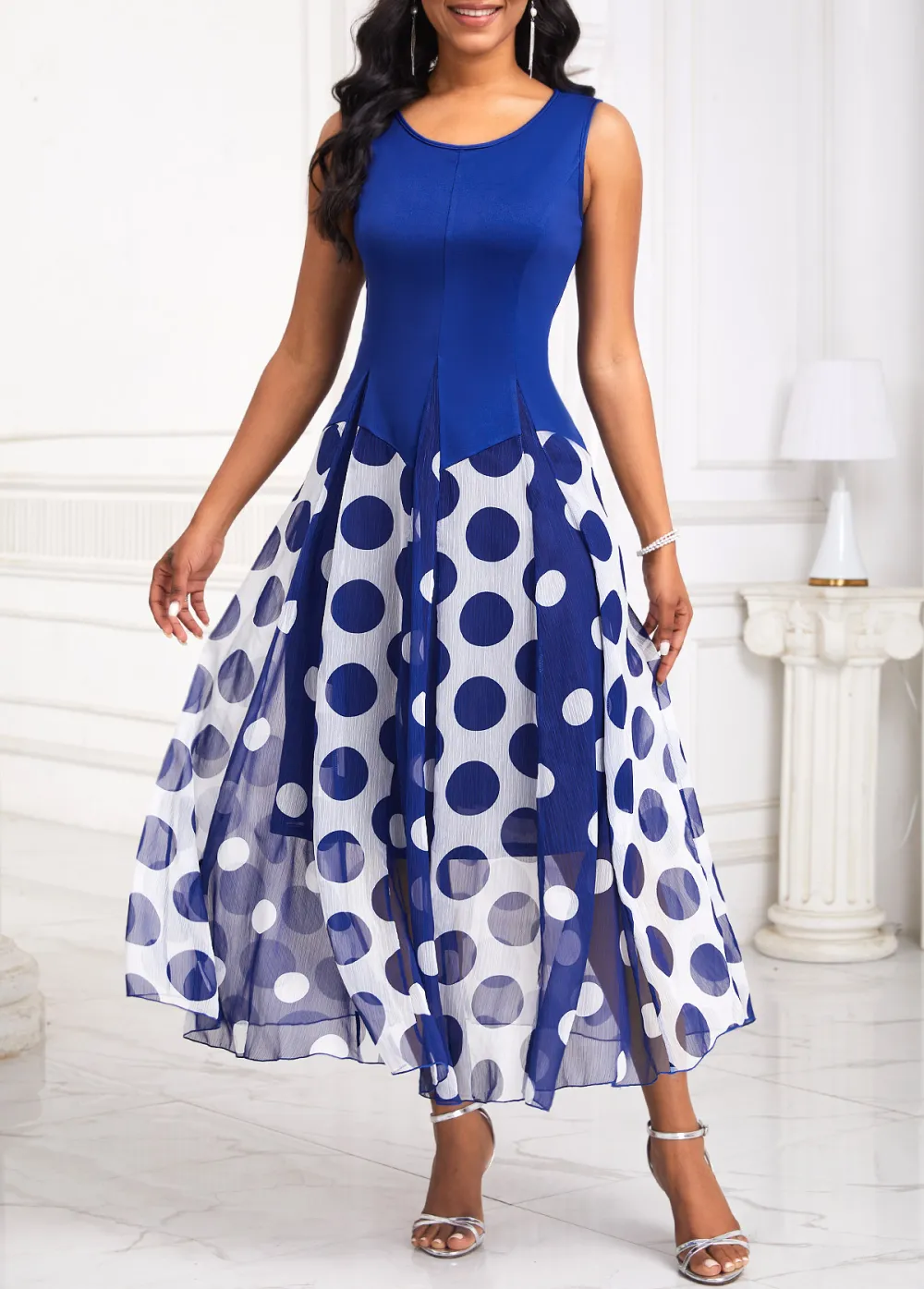 Polka Dot Insert Navy Sleeveless Round Neck Dress